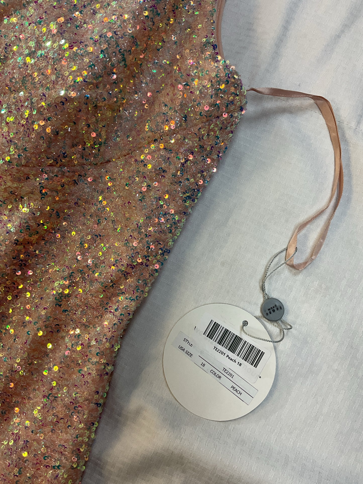 Sydneys Closet Size 18 Peach Dress sequin prom with slit NEW