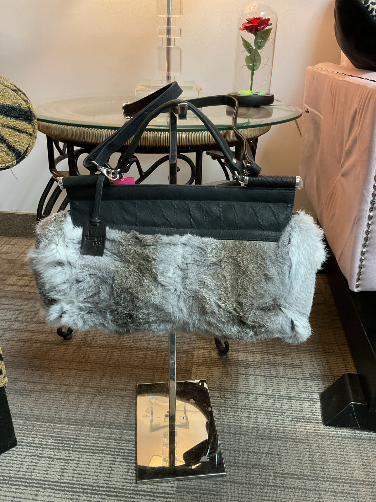Diane Gale Purse Rabbit Fur Large flap leather satchel with crossbody strap NWOT