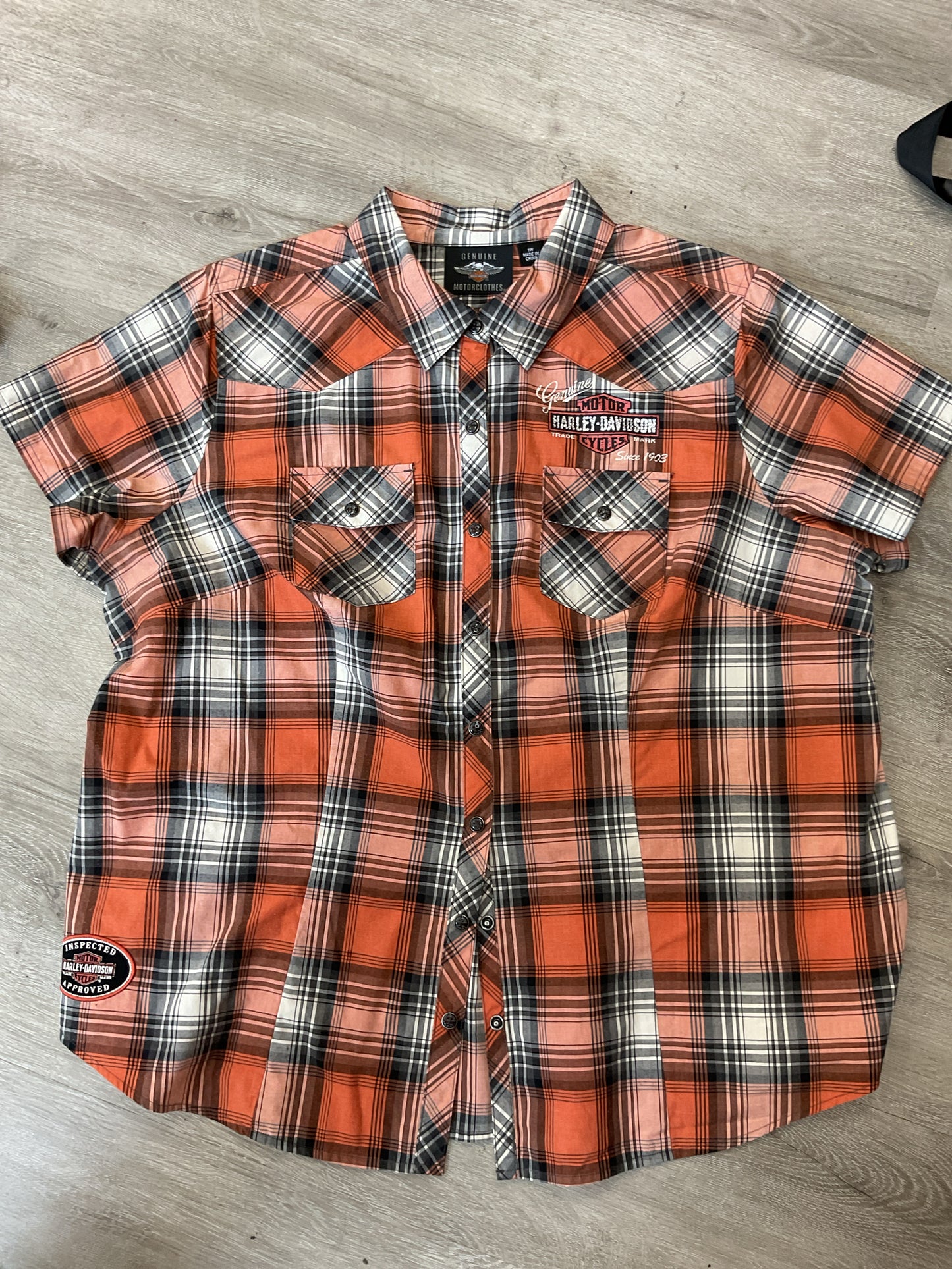 Harley Davidson Size 1W Orange Shirt plaid rhinestone snap front