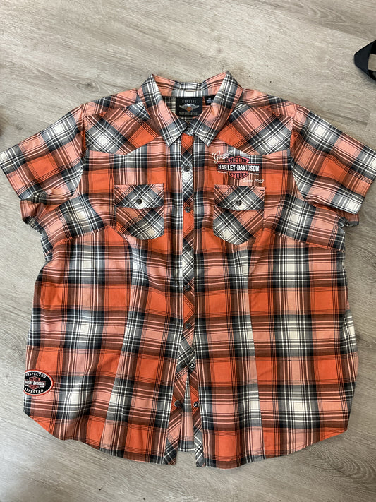 Harley Davidson Size 1W Orange Shirt plaid rhinestone snap front