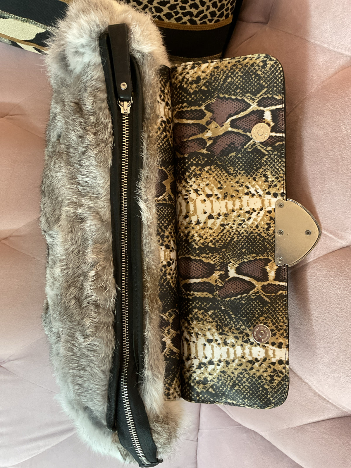 Diane Gale Purse Rabbit Fur Large flap leather satchel with crossbody strap NWOT