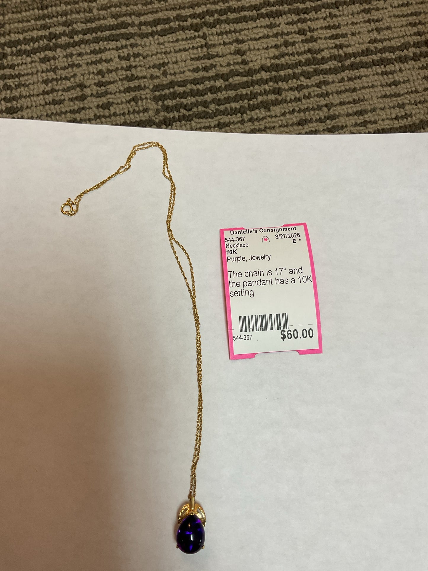 10K Necklace pendant with purple stone plated 17" chain