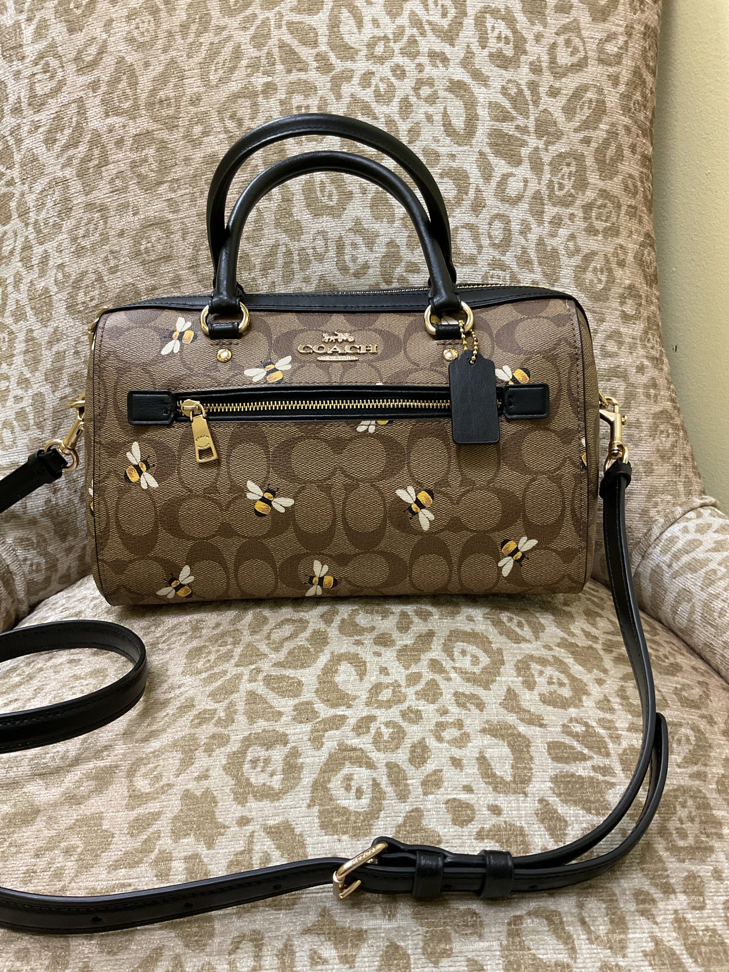 coach Purse C8591 Rowan Satchel Crossbody Bag Signature Bee Print