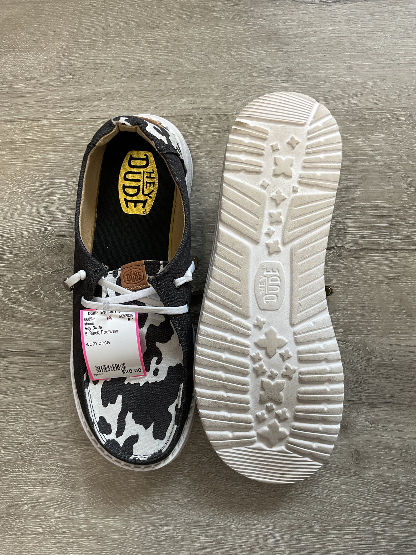 Hey Dude 8 Black shoes cow print like new worn once