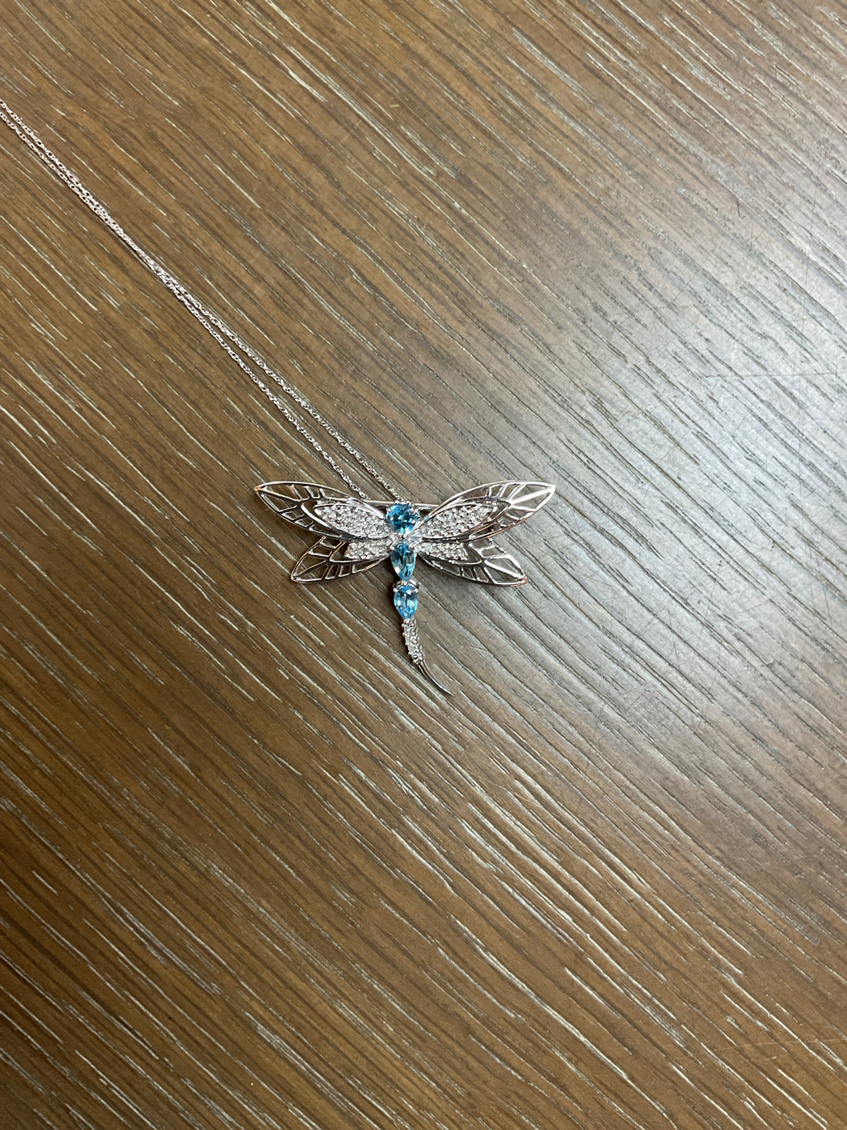 10K Necklace white gold blue topaz dragonfly new pendant & chain