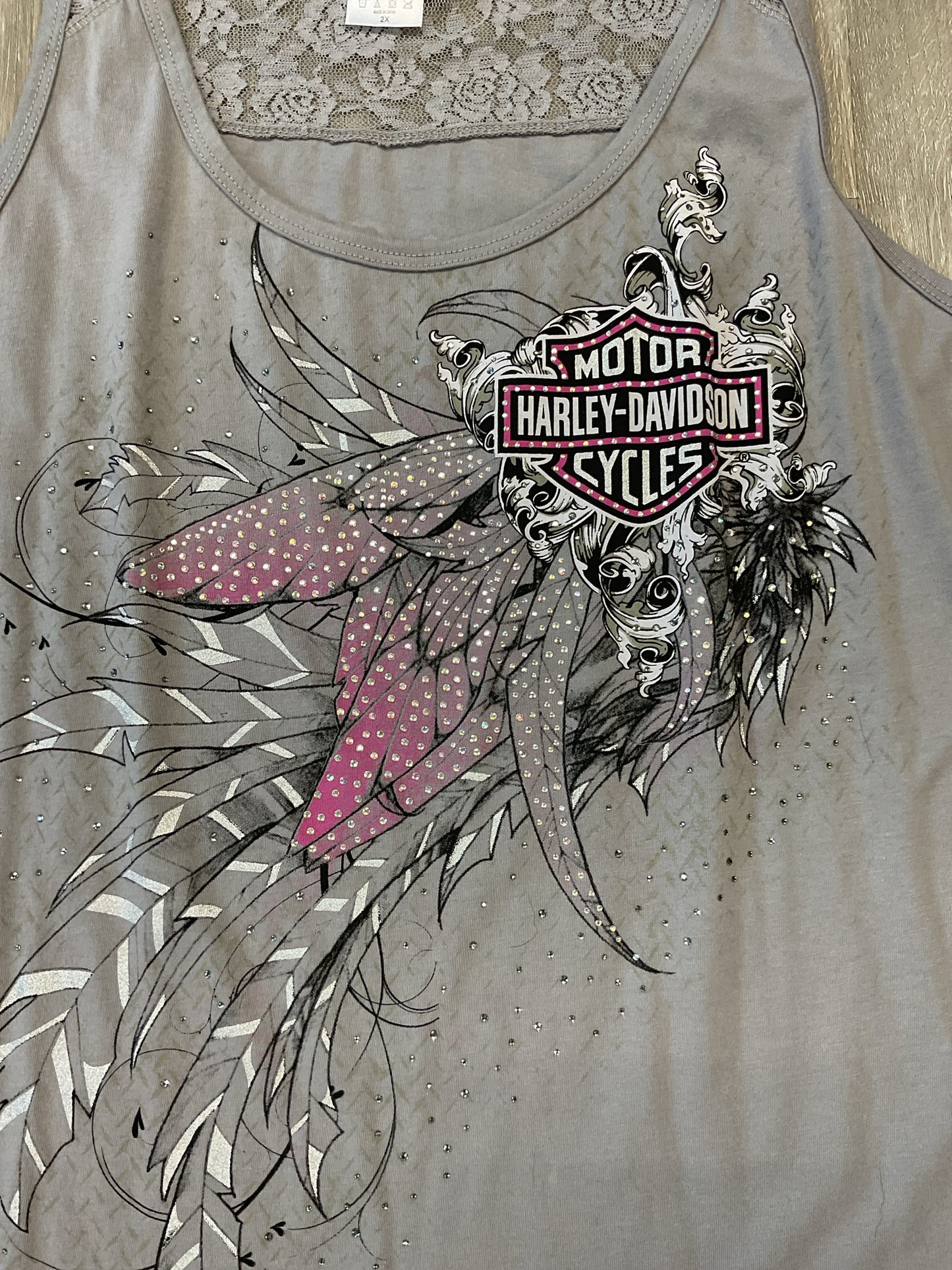 Harley Davidson Size 2X Gray Shirt rhinestone tank top pink feathers