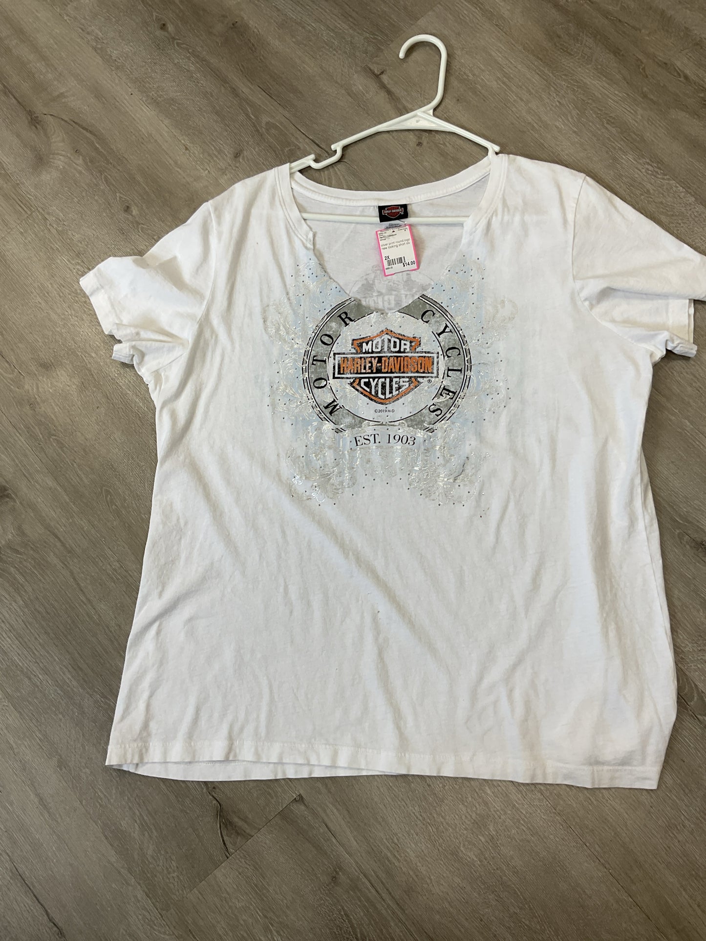 Harley Davidson Size 2X White Shirt short slv silver metallic bling