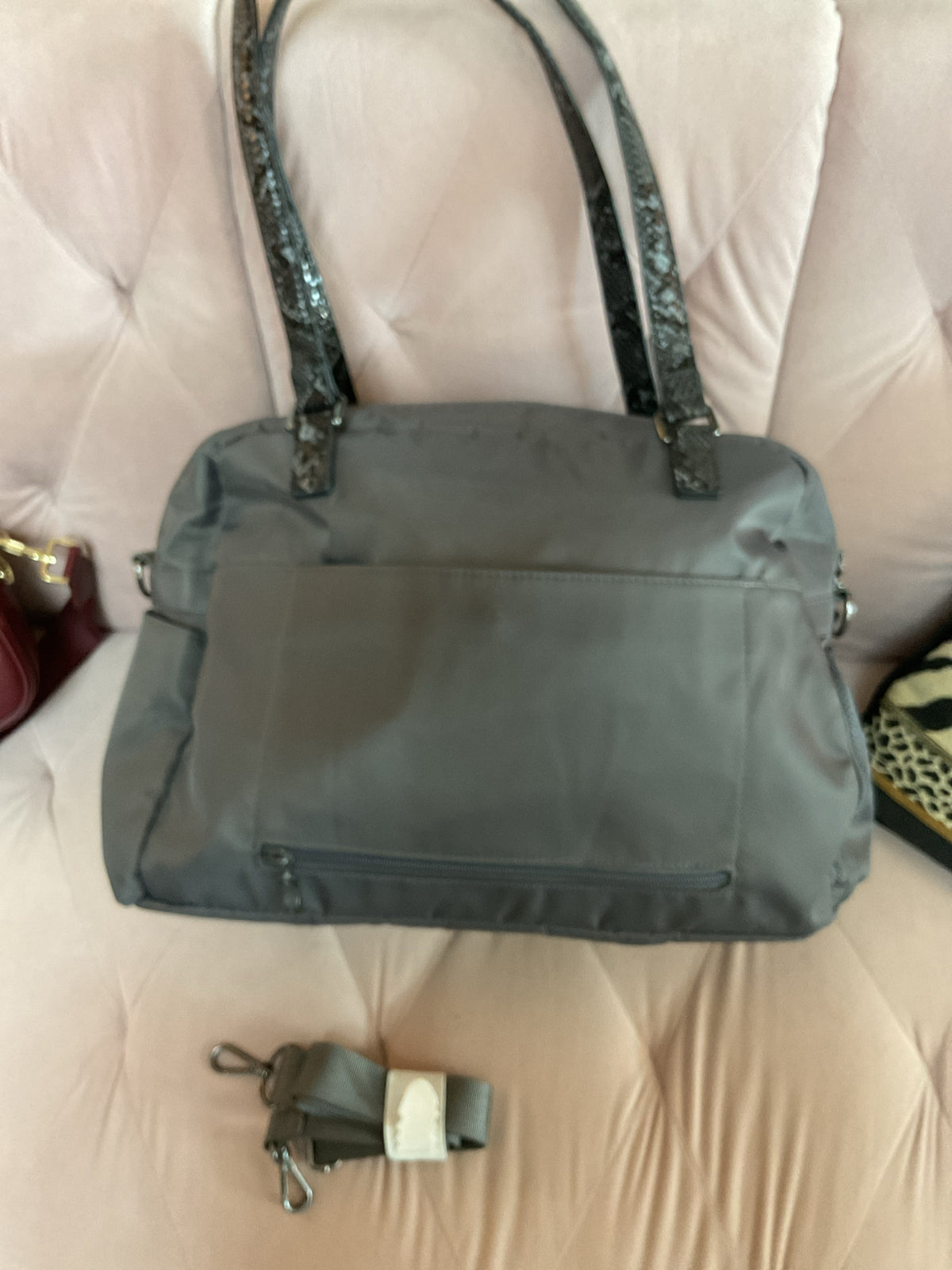 Baggallini Purse large duffel outside pockets python trim with long strap