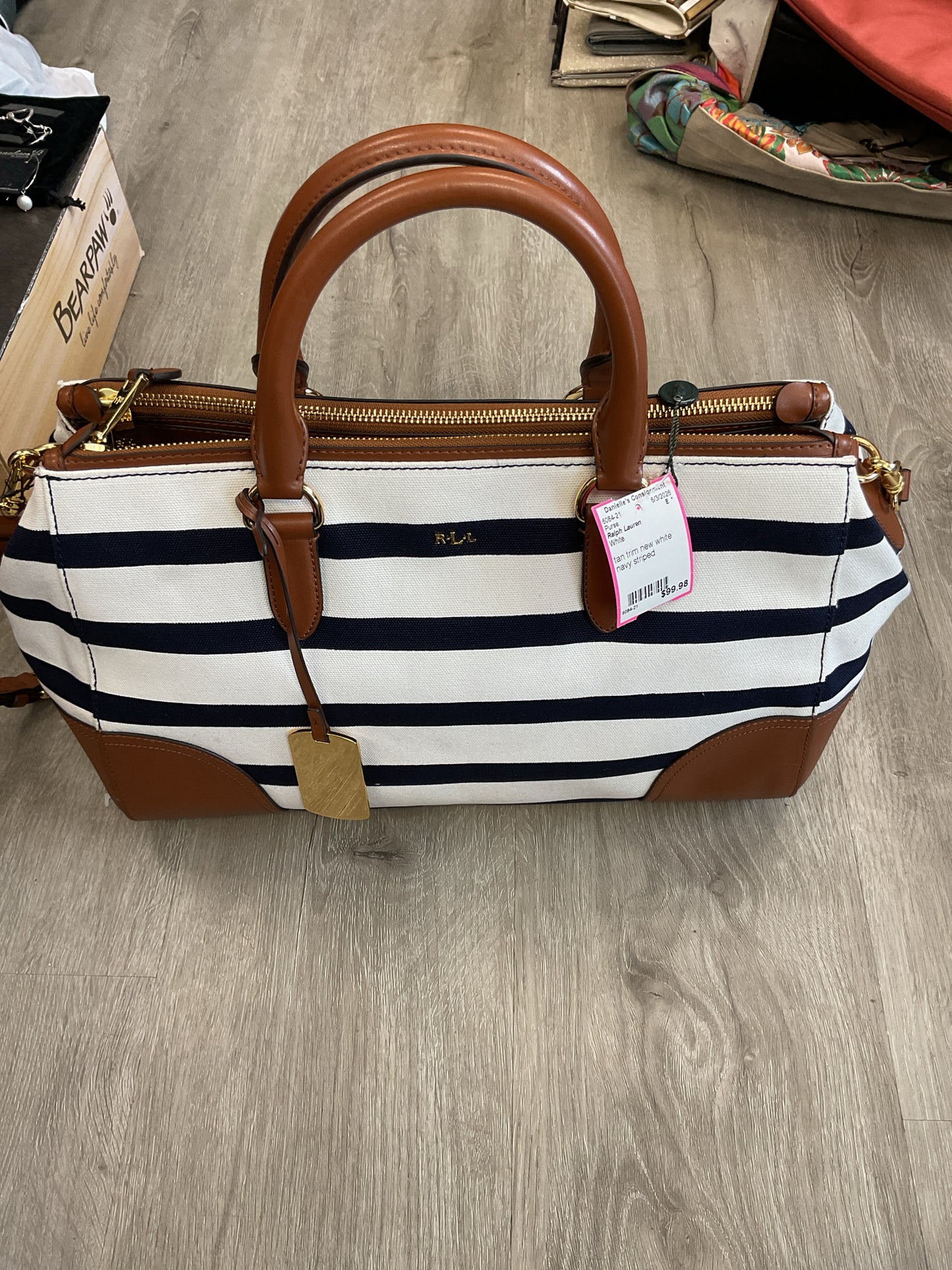 Ralph Lauren Purse New Beverley Zim Satchel Navy & White Striped & Leather