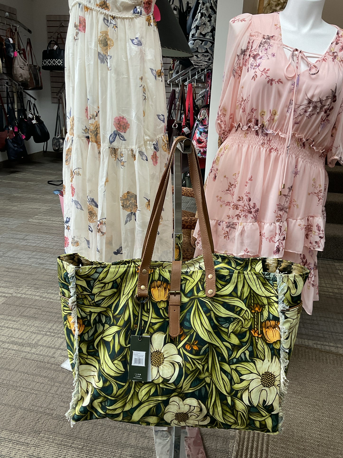 Myra Purse Lovely florals weekender bag NWT tote lucious green fabric & Leather