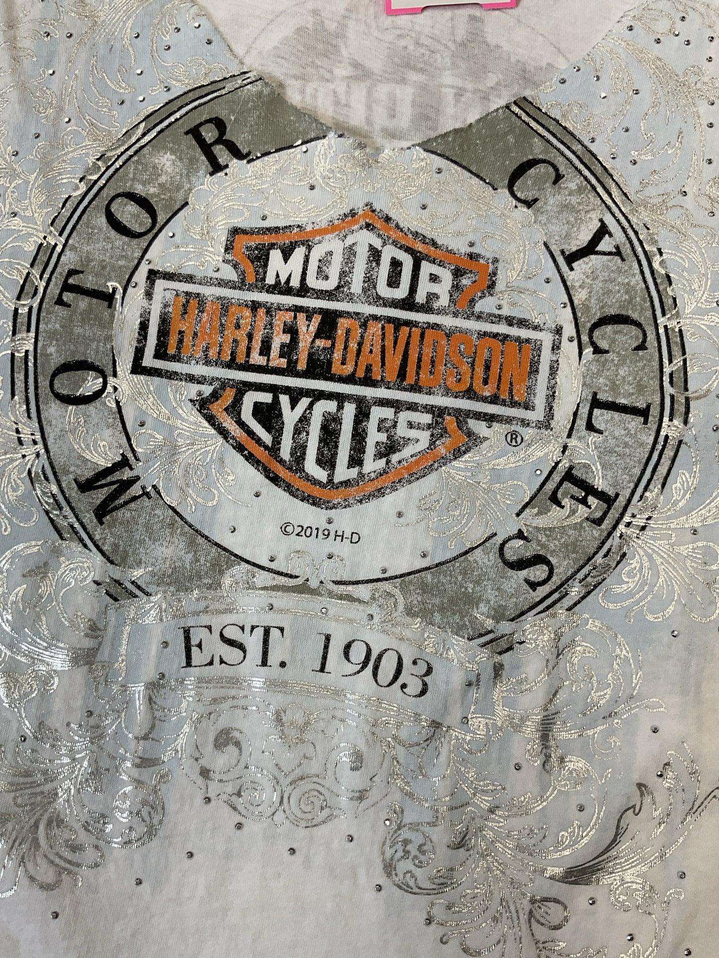 Harley Davidson Size 2X White Shirt short slv silver metallic bling
