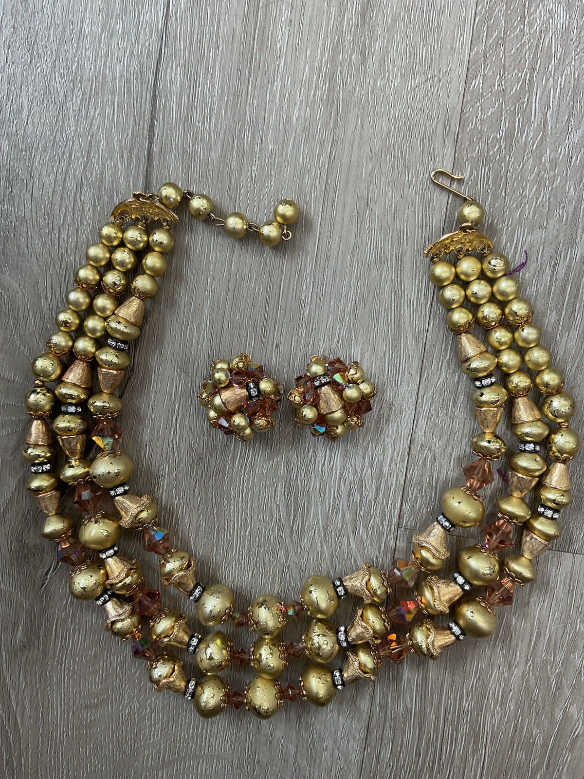 Vintage Necklace 3 strand ornate 50's with clip earrings