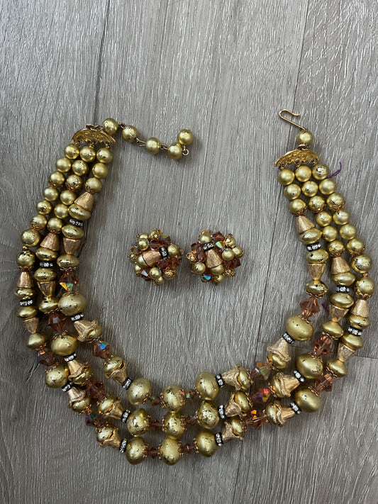 Vintage Necklace 3 strand ornate 50's with clip earrings