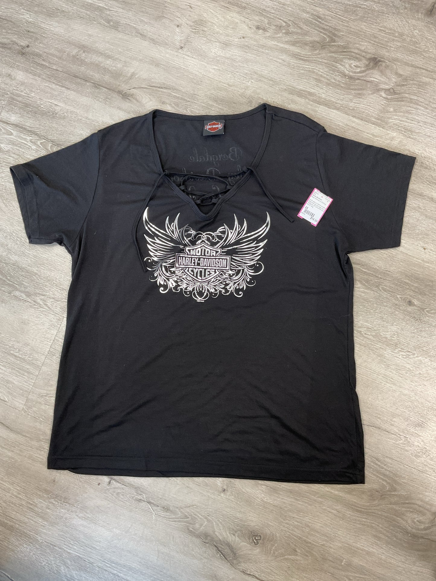 Harley Davidson Size 2X Black Shirt silver print laces in front