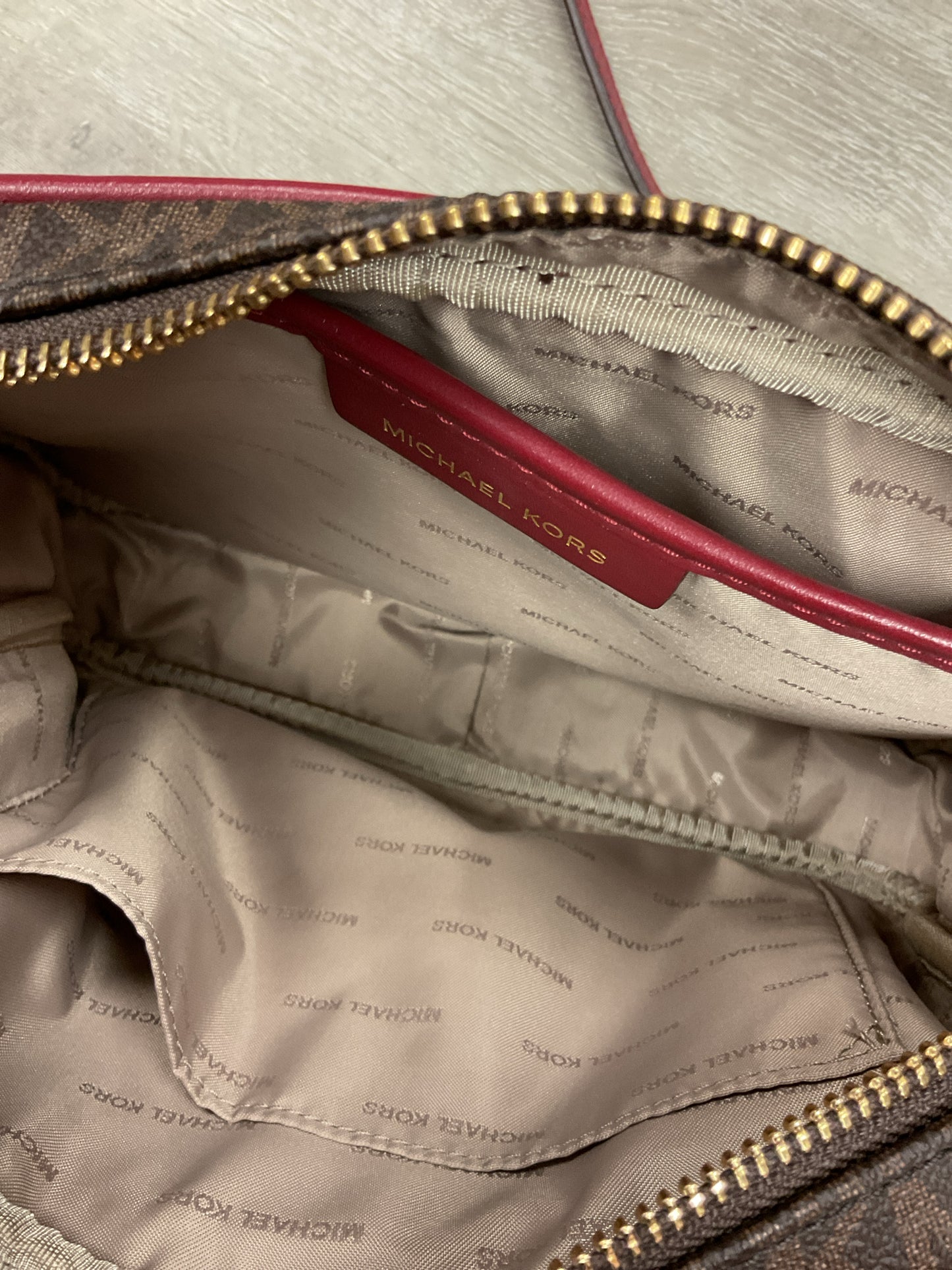 Michael Kors Purse camera bag and matching walet burgundy trim & brown MK