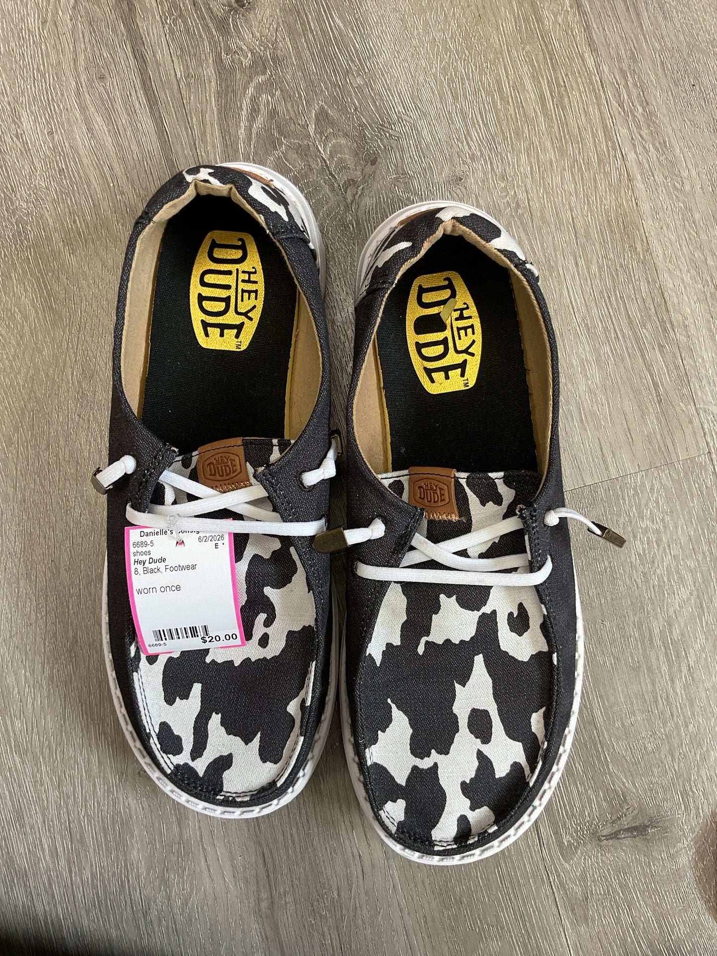 Hey Dude 8 Black shoes cow print like new worn once
