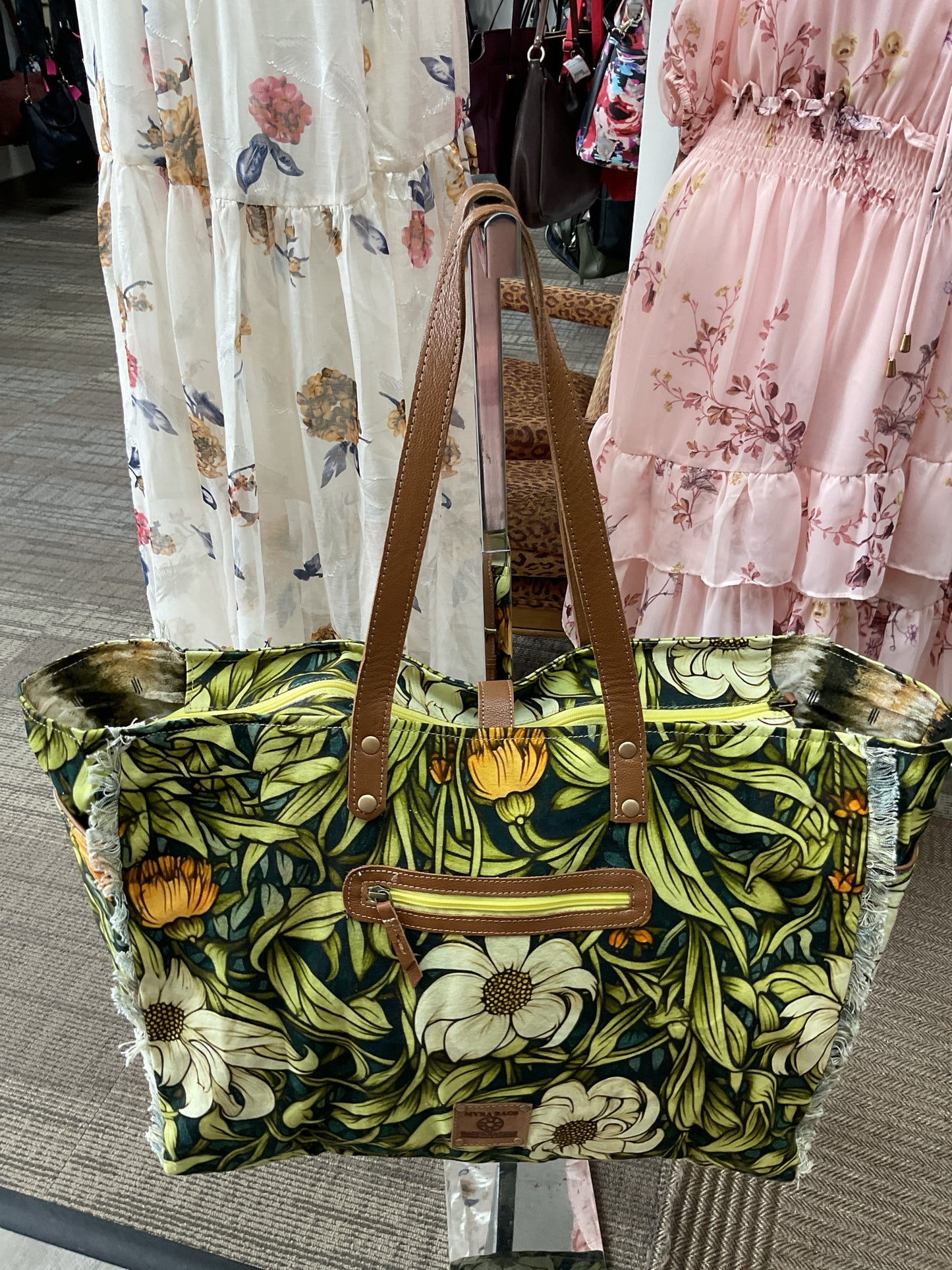 Myra Purse Lovely florals weekender bag NWT tote lucious green fabric & Leather