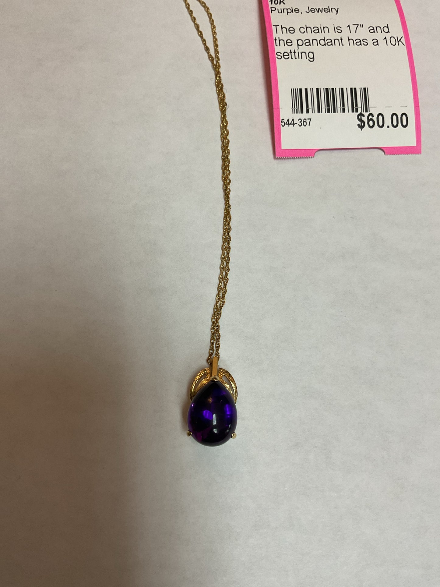10K Necklace pendant with purple stone plated 17" chain