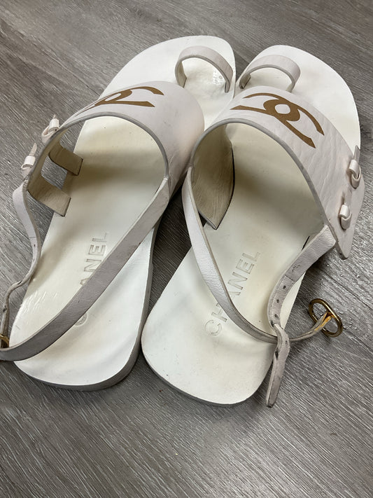 Chanel 7.5 White Sandals flat slingback gold CC logo Authentic