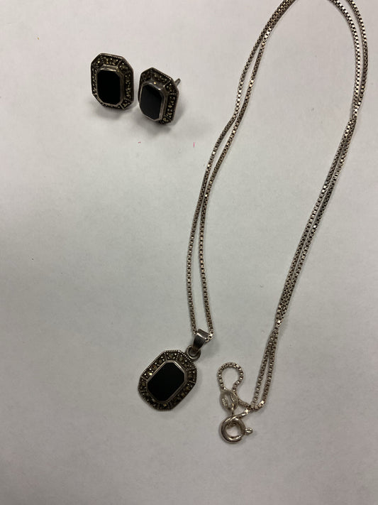 925 Sterling Necklace with matching earrings marcasite onyx