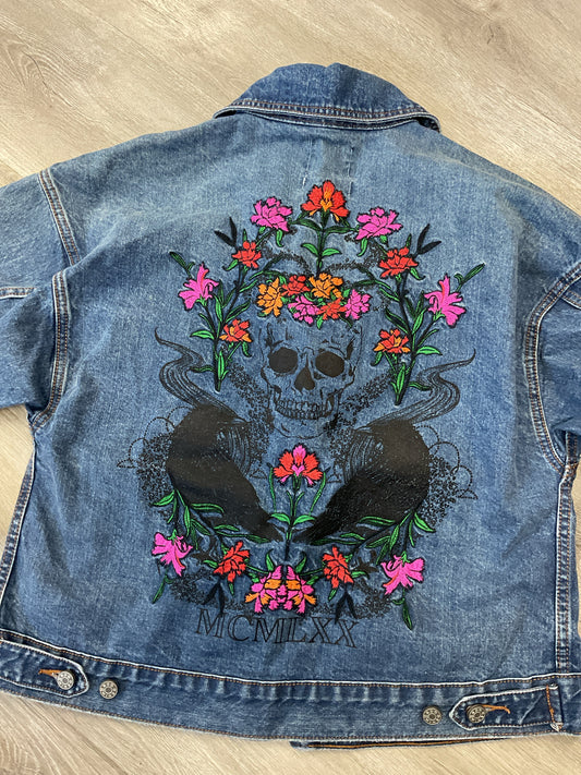 BDG Size M Denim jacket black drow embroidered flowers oversized small