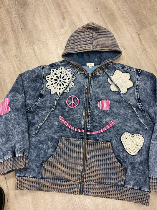 POL Size XL Blue jacket peace sign denim zip fits XL says medium