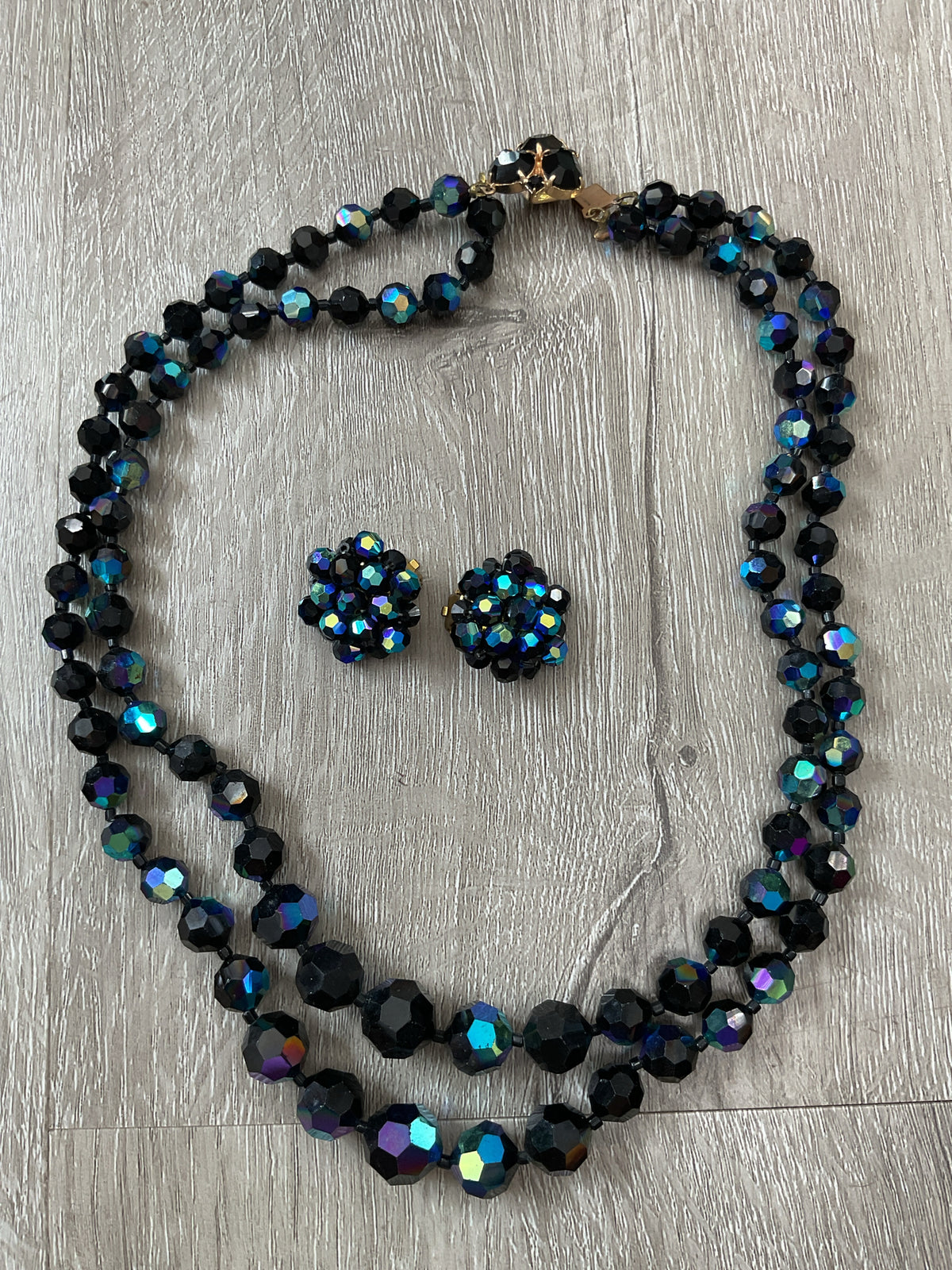 Vintage Necklace 50's two strand beaded wtih clip earrings