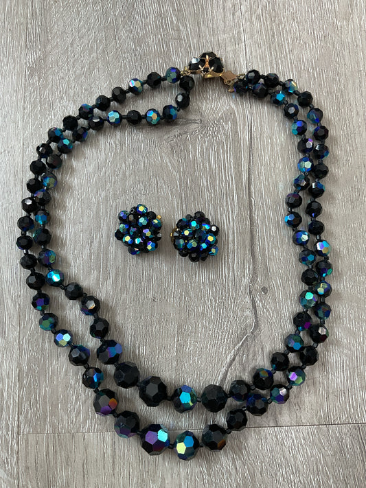 Vintage Necklace 50's two strand beaded wtih clip earrings