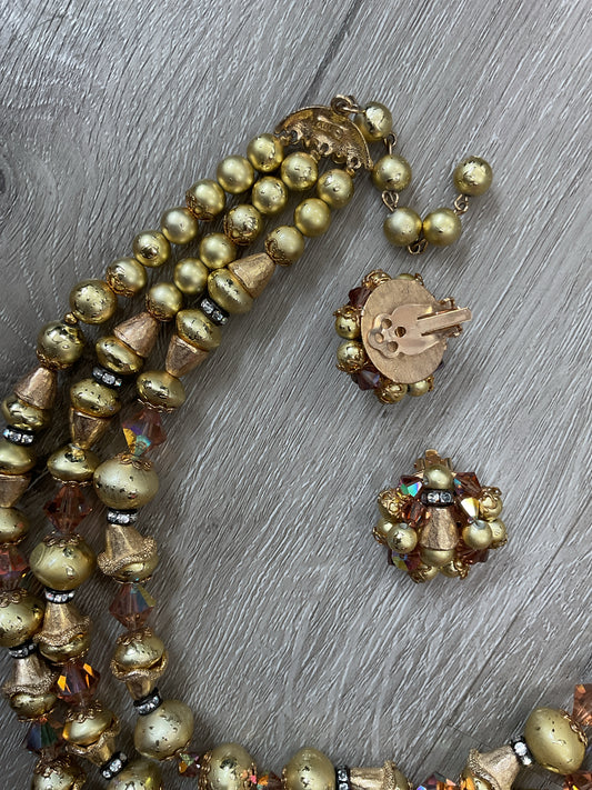 Vintage Necklace 3 strand ornate 50's with clip earrings